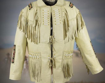 Handgemaakt leren jack met kralen, Indiaans leren jack met franje en Indiase kralen, cowboyoutfit, westernkleding, Old West-outfit