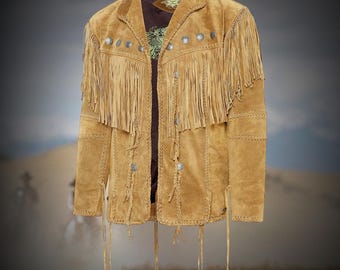 Westernkleding heren suède leren jas met franje en veter, Native American suède jas met franje, Old West-outfit, western-cowboy-outfit
