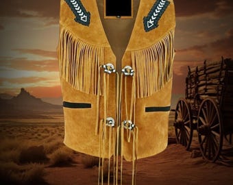 Men's Tan Brown 100% Genuine Suede Leather Fringe Vest, Western Style Real Suede Leather Cowboy Vest, Tassel Vest, Suede Leather Vest