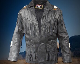 Handgemaakt leren jack met kralen, Indiaans leren jack met franje en Indiase kralen, cowboyoutfit, westernkleding, Old West-outfit