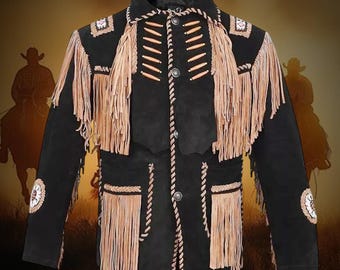 Handgemaakt leren jack met kralen, Indiaans leren jack met franje en Indiase kralen, cowboyoutfit, westernkleding, Old West-outfit