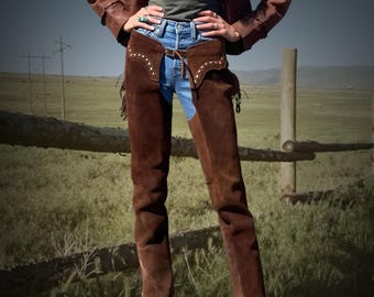 Westernkleding cowgirl suède chaps met franjes, leren chaps met kwastjes, chaps voor dames paardrijden, chaps voor dames voor paardrijden, rodeo-outfit vrouwen