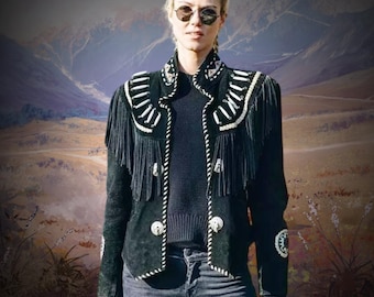 Native American suède leren jack met kralen, dames suède Indiase jack met kralen, suède jack met kwastjes, cowgirl-outfit, inheemse outfit