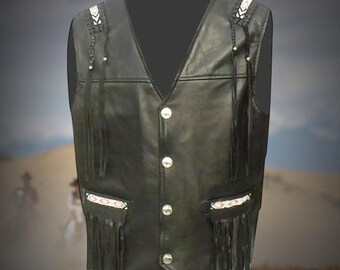 Westernkleding heren leren vest met kralen, exclusief Indiaans handgemaakt leren vest met kralen, cowboyoutfit, outfit oude westen