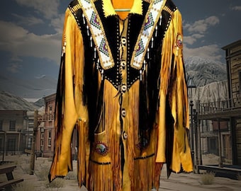 Indian Style Handgemachte Perlen Leder Fransenjacke, Native American Tassels Jacke, Western Wear, Wilder Westen Outfit, Altes West Outfit