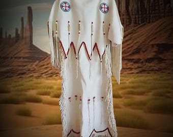 Indiaanse Indiaanse stijl Indiaanse jurk met leren franje, traditionele Powwow-jurk, Indiaanse jurk, Cherokee-Indiase jurk