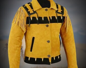 Westernkleding cowboy suède leren jas met franje en buffelbeen haarpijp, Indiaanse stijl leren jas met franje, outfit Old West