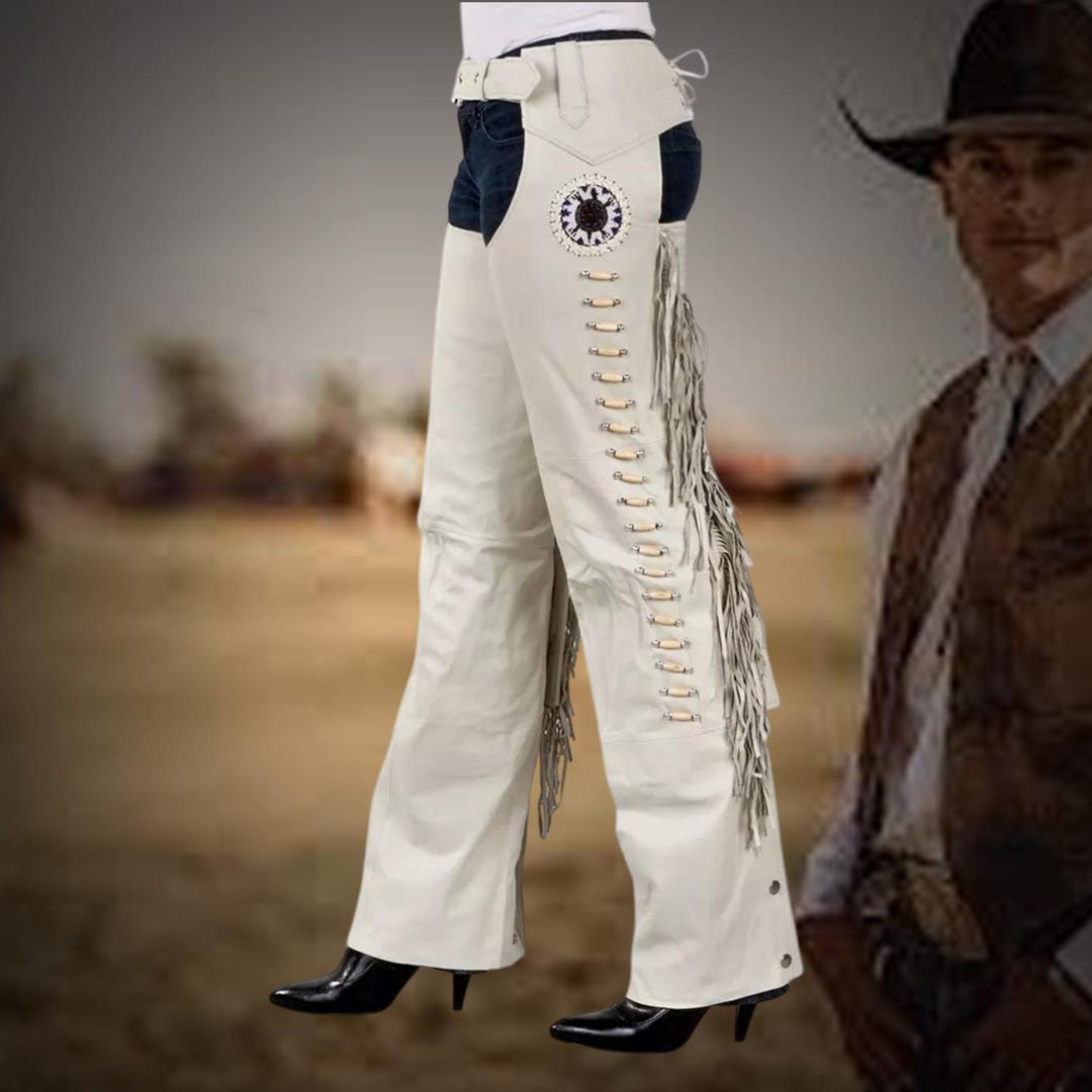 Native Chaps Handcrafted Ladies White Leather Biker Chaps With Fringe, Navajo Indian ...