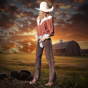 May include: A woman wearing a brown shirt, a white cowboy hat, and brown leather chaps with fringe. She is standing in a field with a barn in the background.