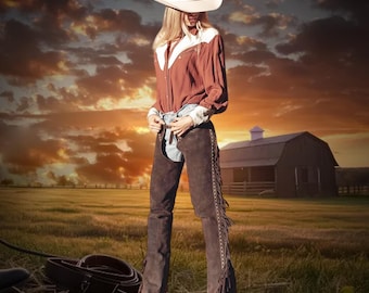 Westernkleding cowgirl suède chaps met franjes, leren chaps met kwastjes, chaps voor dames paardrijden, chaps voor dames voor paardrijden, rodeo-outfit vrouwen