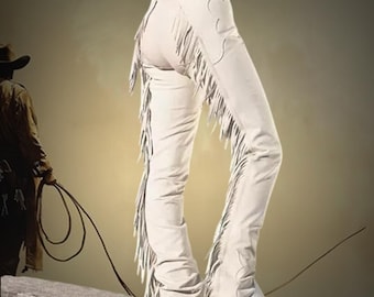Handgemaakte westernchaps met franjes, cowgirl witte klassieke showchaps van echt leer, leren paardenchaps voor dames | Rodeo-outfit