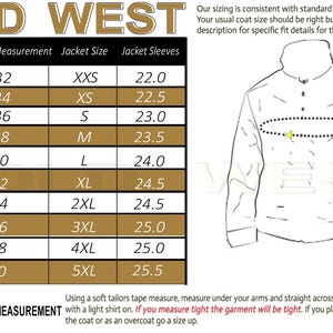 May include: Size chart for Old West women's jackets, showing chest measurements in inches and corresponding jacket sizes from XXS to 5XL. Includes sleeve lengths in inches and instructions for measuring chest size.