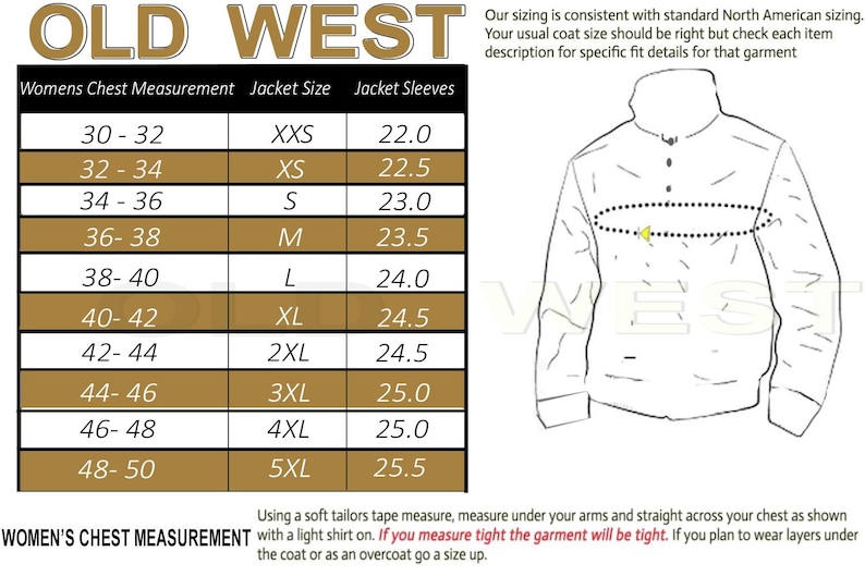 May include: Size chart for Old West women's jackets, showing chest measurements in inches and corresponding jacket sizes from XXS to 5XL. Includes sleeve lengths in inches and instructions for measuring chest size.