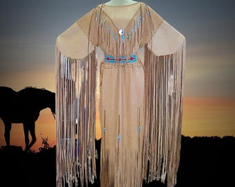 Indiaanse leren jurk met franje en riem, traditionele Powwow-jurk, Indiaanse jurk, Indiaanse jurk, inheemse outfit