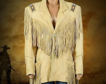Indiaans rundleer jack met franje, traditioneel navajo-damesjack met Indiaas glaskralenwerk, cowgirl-outfit, westernkleding