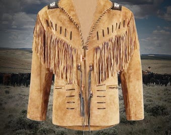 Handgemaakt leren jack met kralen, Indiaans leren jack met franje en Indiase kralen, cowboyoutfit, westernkleding, Old West-outfit