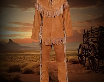 Traditioneel Indiaans jaren 70 suède pak met franjes, Mountain Man Rendez-vous Clothing, shirt en broek heren franjes | Old West-outfit