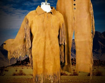 Traditioneel Indiaans jaren 70 suède pak met franjes, Mountain Man Rendez-vous Clothing, shirt en broek heren franjes | Old West-outfit