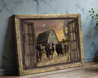 Rustic Farmhouse Wall Art, Country Barn Canvas Painting, Cows Pasture Scene Decor, Jesus Landscape Canvas Prints, Vintage Window View