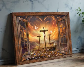 Könnte beinhalten: Gerahmter Leinwanddruck mit drei Kreuzen auf einem Hügel vor einem lebendigen Sonnenuntergangshimmel. Die Szene wird von einem Holzfenster eingerahmt, mit Tauben und Schmetterlingen. Das Kunstwerk weckt ein Gefühl von Spiritualität und Glauben.