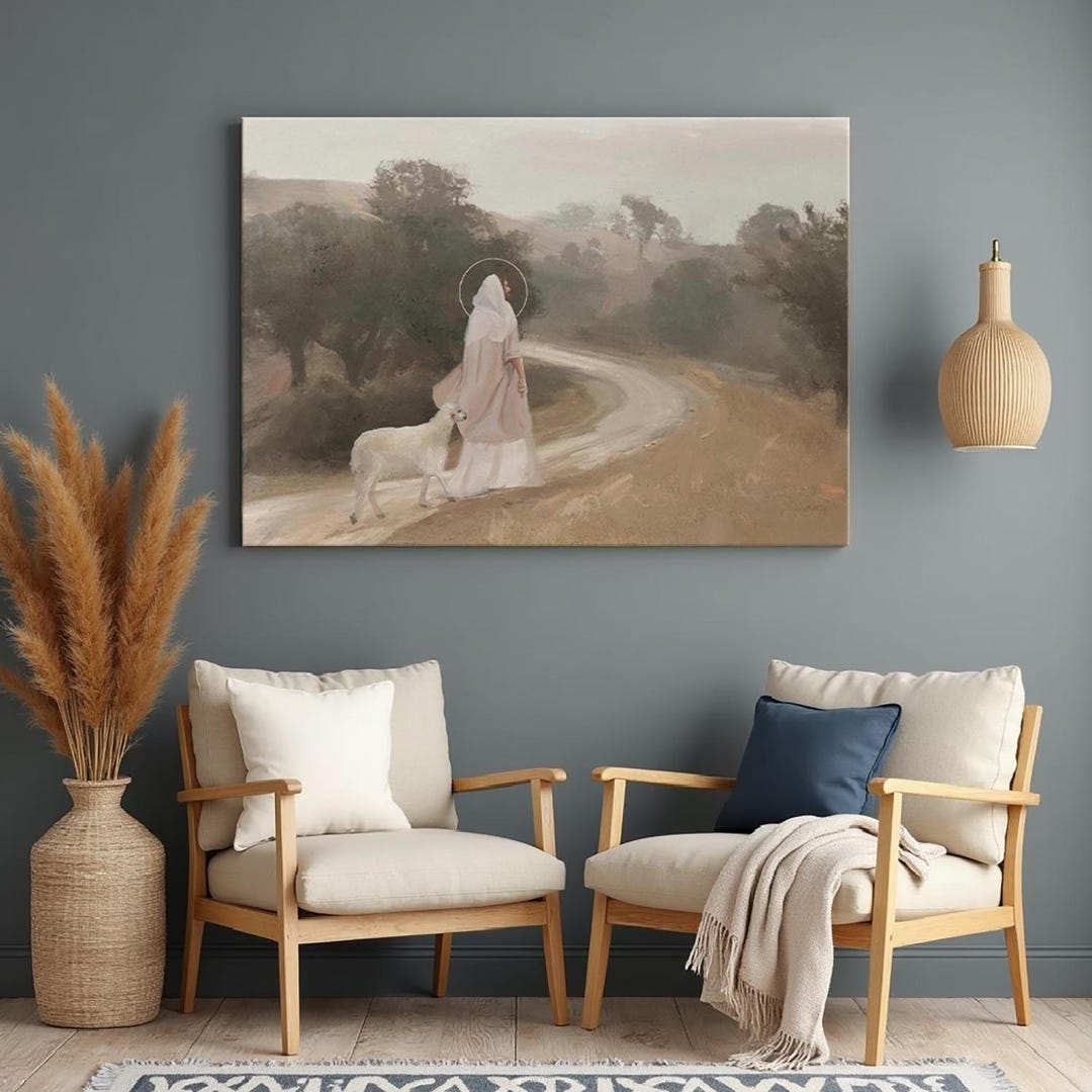 Minimalist Christian Wall Art, Neutral Pastoral Canvas, Jesus and Lamb ...