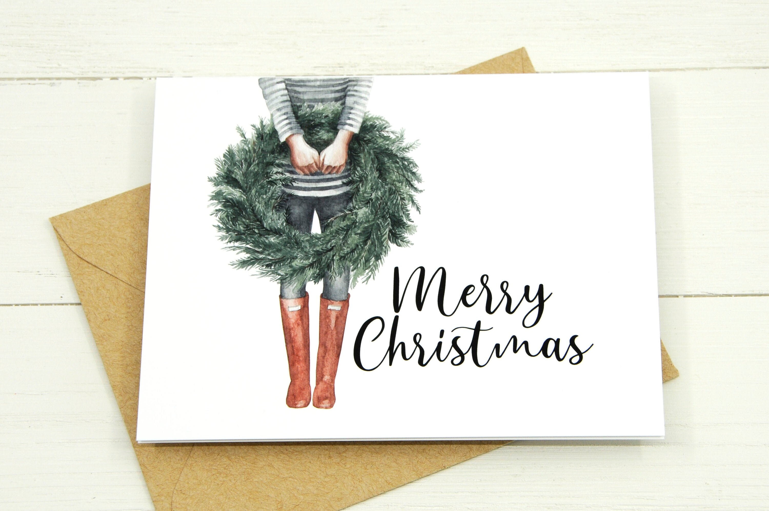 Christmas cards Merry Christmas girl with Christmas wreath | Etsy