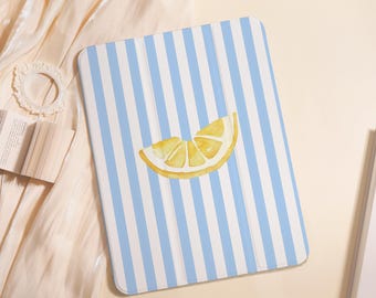 Lemon Blue Stripes iPad Case For iPad Air 5/6/7 11" 13",iPad 5-10th 10.9"10.2", iPad Mini 6/7 8.3",iPad Pro 2024 13",A16 Shell PenSlot Cover