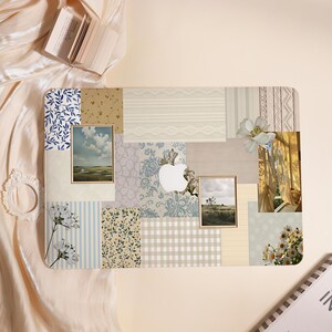 May include: A laptop skin featuring a collage of various patterns and images, including blue and white floral prints, beige gingham, striped textures, landscape paintings, and botanical illustrations, centred around a white Apple logo cutout.