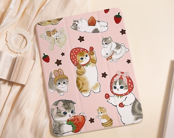 Strawberry Kitty iPad Case For iPad Air 5/6/7 11" 13",iPad 5-10th 10.9"10.2", iPad Mini 6/7 8.3",iPad Pro 2024 13",A16 Shell PenSlot Cover