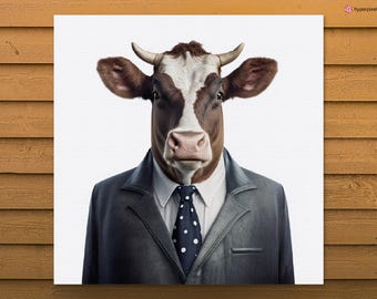 Dependable Suited Cow Canvas, Farm Animal in Suit Office Art, Modern Executive Dressed Cow Portrait Print, Fun Professional Farmhouse Décor