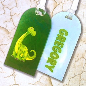Kids Dinosaur Bag Tag with Custom Name, Personalised Boy's School Bag Accessory, Customized Name Label for Child, Green Gift for Children