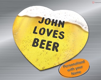 Personalised I Love Beer Heart Magnet, Personalised with your Name, Express to Everyone Your Love for Beer, Beer Lovers Gift, For Bar Fridge