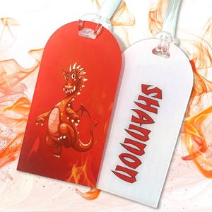 Étiquette de sac d'école dragon rouge avec nom personnalisé pour enfant, accessoires de sac d'enfant personnalisés, étiquette personnalisée pour garçon, cadeau pour enfant