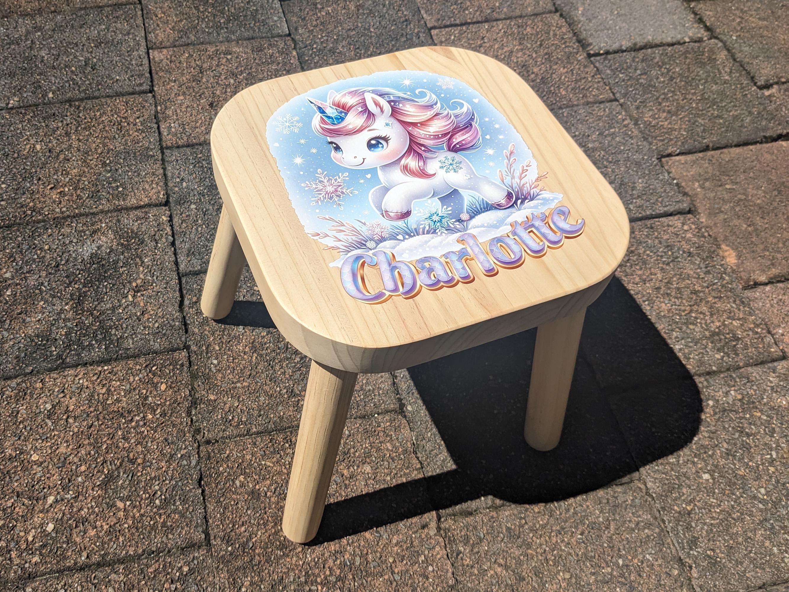 Personalised Children's Stool with Unicorn Design including custom name and private message  - Ideal gift for Girl Toddler