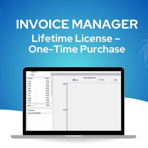 Può includere: Un laptop mostra un'interfaccia di un software di gestione delle fatture. Lo schermo mostra una tabella con mesi e cifre di vendita, insieme a un'area grafica. Il testo "INVOICE MANAGER" e "Lifetime License - One-Time Purchase" sono visualizzati.