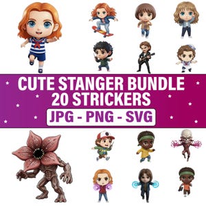 Söta främlingkaraktärer PNG, Steve, Eddie, Nancy, Will, utskrivbart paket, transparent, Chibi Eleven, skräck, digital nedladdning,