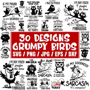 May include: A collection of 30 Grumpy Birds designs in SVG, PNG, JPG, EPS, and DXF formats. The black and white illustrations feature various grumpy birds and cats with humorous phrases like "Sarcasm" and "I talk to myself."