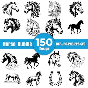 Puede incluir: Una colección de 150 diseños de caballos en blanco y negro. Los diseños incluyen cabezas de caballo, siluetas de cuerpo completo y una herradura. También está presente el texto "Horse Bundle" y "150 Design".