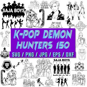 Puede incluir: Ilustración digital en blanco y negro con varios dibujos, incluyendo figuras estilizadas, animales y texto. El texto central dice "K-POP DEMON HUNTERS 150" con opciones de formato de archivo. El texto adicional incluye "SAJA BOYS" y "HUNTRIX".
