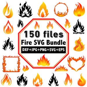 May include: A digital collection of fire-themed SVG files, showcasing diverse flame designs, bonfires, and fire rings. The image includes a central graphic with the text "150 files Fire SVG Bundle" and file type information.