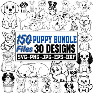 Puede incluir: Ilustraciones en blanco y negro de varios cachorros en diferentes poses. La imagen incluye el texto "150 PUPPY BUNDLE Files 30 DESIGNS" y formatos de archivo: SVG-PNG-JPG-EPS-DXF.