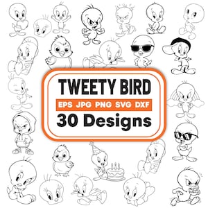 May include: A collection of 30 Tweety Bird designs in various poses and expressions. The designs are in black and white, with a variety of styles, including Tweety Bird wearing sunglasses, a hoodie, and a party hat. The image includes the text "Tweety Bird" and file type options.