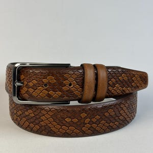 Luxurious Snake Effect Calf Leather Belt – Tan, Black, Brown and Hazelnut Colors. Thoughtful Christmas Gift.
