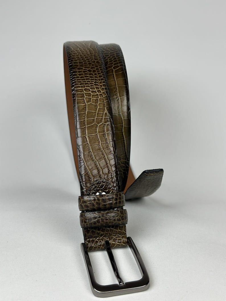 Peut inclure: Une ceinture en cuir marron avec un motif textur&eacute; en forme de crocodile. La ceinture est dot&eacute;e d'une boucle de couleur argent et d'une boucle assortie. La ceinture est enroul&eacute;e, mettant en valeur son design et sa texture.