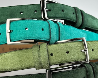 Luxury Suede Belt. Handmade and  Unique Green Tones. Soft, Durable & Vintage Finish. Great Gift for Him, Her and  Fashion Lovers.