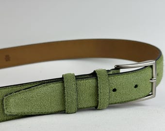 Ceinture en cuir suédée artisanale : tons verts, boucle en acier inoxydable. Cadeaux pour petite amie.