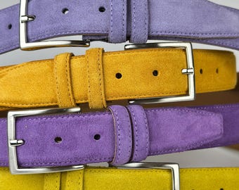 Luxury Suede Leather Belts – Timeless & Versatile. 4 Unique Color with Grape, Mauve, Canary and Orange. Perfect Gift for Fashion Lovers.