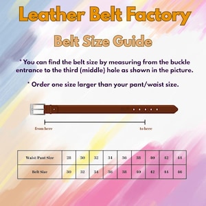 Peut inclure: Un guide des tailles de ceinture de Leather Belt Factory. L'image montre une ceinture en cuir marron avec une boucle argent&eacute;e et un tableau d&eacute;taillant les tailles de taille de 71 &agrave; 112 cm et les tailles de ceinture correspondantes de 76 &agrave; 117 cm. Instructions incluses.