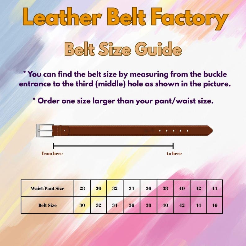 Peut inclure: Un guide des tailles de ceinture de Leather Belt Factory. L'image montre une ceinture en cuir marron avec une boucle argent&eacute;e et un tableau d&eacute;taillant les tailles de taille de 71 &agrave; 112 cm et les tailles de ceinture correspondantes de 76 &agrave; 117 cm. Instructions incluses.