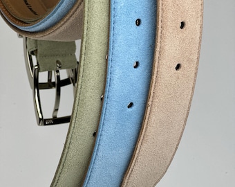 Summer Suede Belts Available with Mint, Baby Blue and Champagne Colors. Ideal for Linen Suits and Summer Vibes. Gift for Groomsmen.